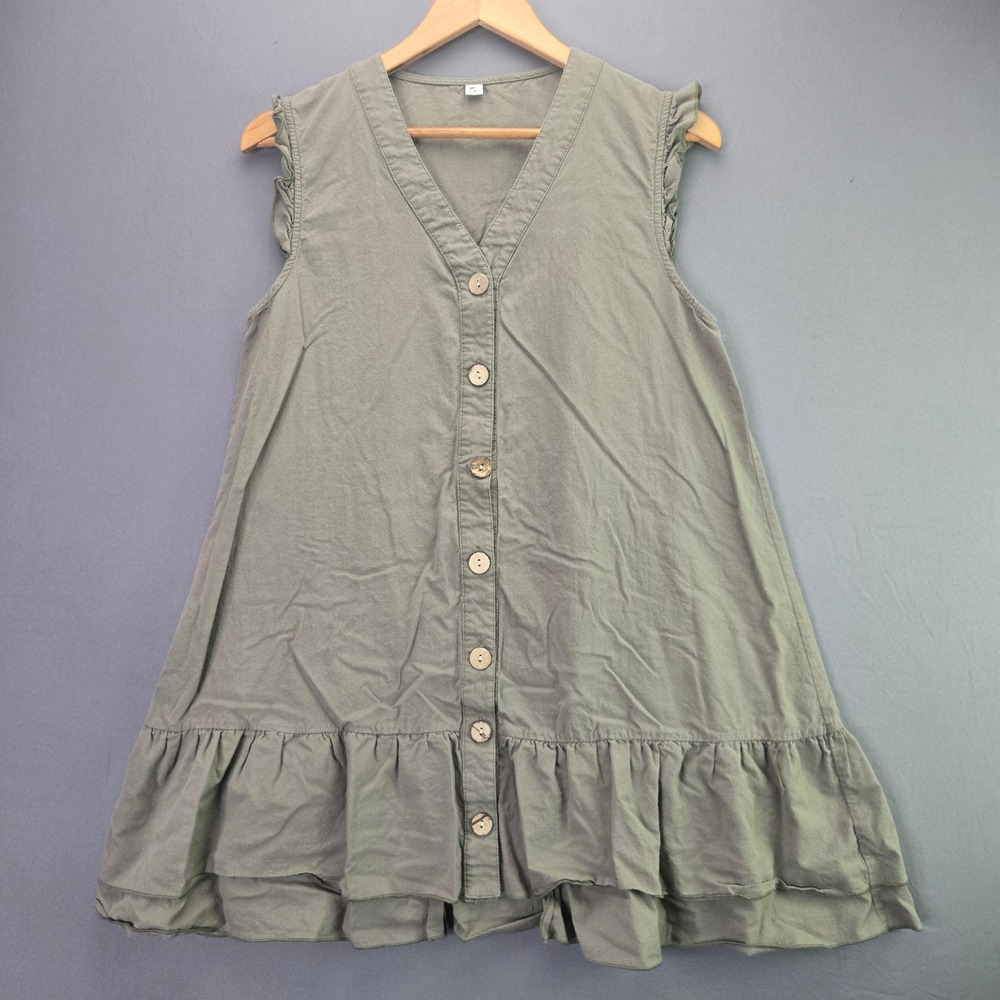 Unbranded Sleeveless Button Up Ruffle Hem Dress Small Olive Green V-Neck Mini